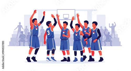 Modern vector illustration of youth basketball team celebrating victory in school gymnasium during tournament event