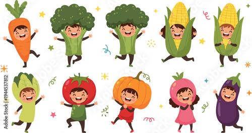Happy kids wearing vegetable costumes vector set with carrot, broccoli, corn, tomato, pumpkin and eggplant characters