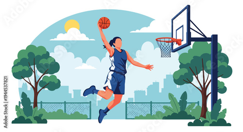 Modern vector illustration of female basketball player performing layup shot in outdoor court