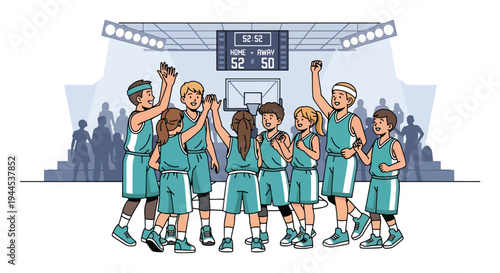 Modern vector illustration of youth basketball team celebrating victory in school gymnasium during tournament event