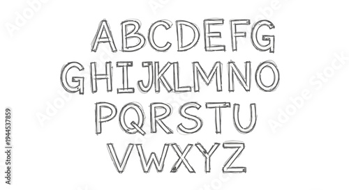 Hand-drawn outline English alphabet uppercase letters from A to Z arranged in rows on a white background, suitable for educational resources.