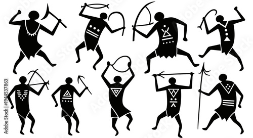 Stylized black silhouettes of ancient tribal warriors with primitive weapons and markings, resembling prehistoric cave art.