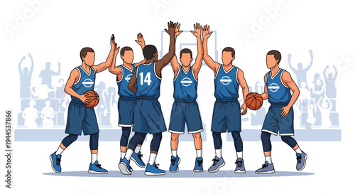 Modern vector illustration of youth basketball team celebrating victory in school gymnasium during tournament event