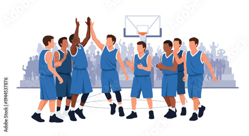 Modern vector illustration of youth basketball team celebrating victory in school gymnasium during tournament event