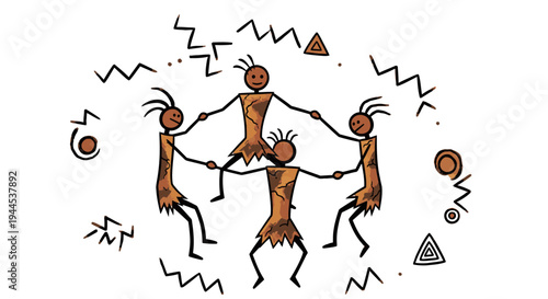 Stylized tribal figures dancing in a circle, holding hands, surrounded by ancient symbols and patterns, depicting community and celebration.