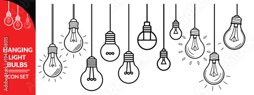 Hanging Light Bulbs Illustration Decorative Lighting Fixtures Black and White Vector Design Electric Lamp Idea Concept Creative
