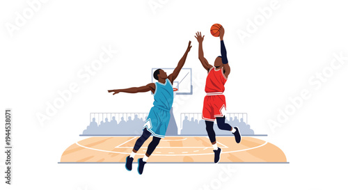 Modern vector illustration of basketball player blocking opponent shot mid air during competitive arena match