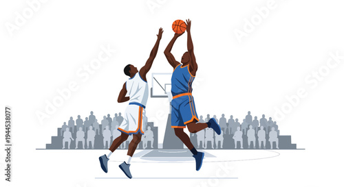 Modern vector illustration of basketball player blocking opponent shot mid air during competitive arena match