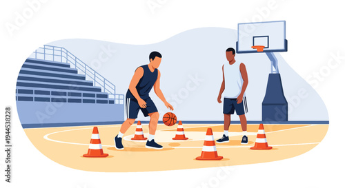 Modern vector illustration of basketball training drills with cones and players practicing in indoor gymnasium