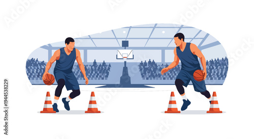 Modern vector illustration of basketball training drills with cones and players practicing in indoor gymnasium