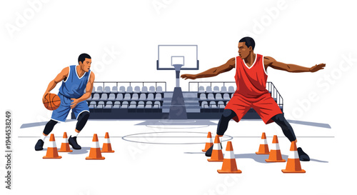 Modern vector illustration of basketball training drills with cones and players practicing in indoor gymnasium