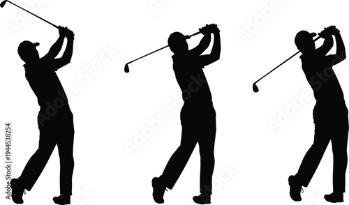 Collection of professional male golf player silhouettes performing a powerful swing follow through, minimalist black and white vector illustration for sports tournaments, leisure, 