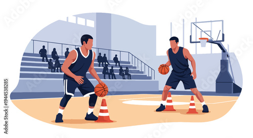 Modern vector illustration of basketball training drills with cones and players practicing in indoor gymnasium