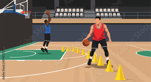 Modern vector illustration of basketball training drills with cones and players practicing in indoor gymnasium