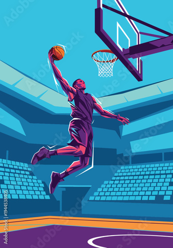 Explosive basketball player performing powerful slam dunk inside modern arena, bold dynamic sports poster style with dramatic lighting and energy streaks, perfect for championship event promotion