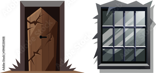 A wooden door and a barred window side by side on a white background