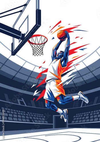 Explosive basketball player performing powerful slam dunk inside modern arena, bold dynamic sports poster style with dramatic lighting and energy streaks, perfect for championship event promotion