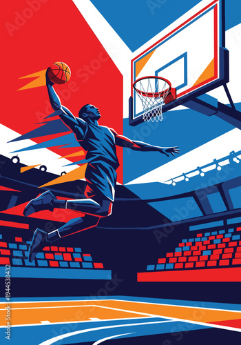Explosive basketball player performing powerful slam dunk inside modern arena, bold dynamic sports poster style with dramatic lighting and energy streaks, perfect for championship event promotion