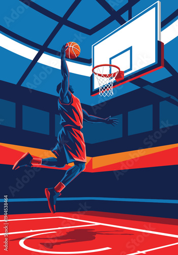 Explosive basketball player performing powerful slam dunk inside modern arena, bold dynamic sports poster style with dramatic lighting and energy streaks, perfect for championship event promotion