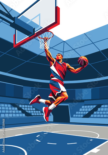 Explosive basketball player performing powerful slam dunk inside modern arena, bold dynamic sports poster style with dramatic lighting and energy streaks, perfect for championship event promotion
