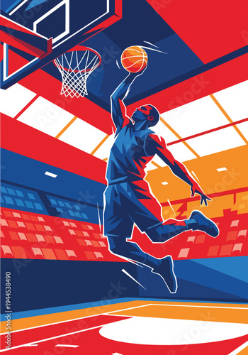 Explosive basketball player performing powerful slam dunk inside modern arena, bold dynamic sports poster style with dramatic lighting and energy streaks, perfect for championship event promotion