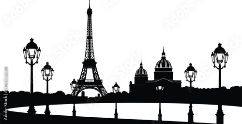 Paris city skyline silhouette vector illustration, Eiffel Tower landmark with street lamps and bridge reflection, romantic France travel architecture cityscape design