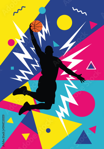 Basketball player silhouette dunking over colorful geometric background in bold pop art sports poster style, energetic urban design perfect for youth league branding and wall decor