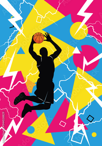 Basketball player silhouette dunking over colorful geometric background in bold pop art sports poster style, energetic urban design perfect for youth league branding and wall decor