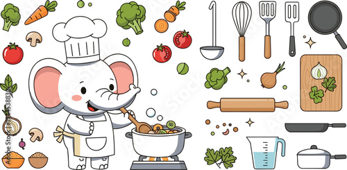 Cute elephant chef cooking soup with vegetables kitchen utensils and ingredients for kids cooking education food preparation vector illustration set