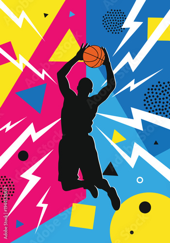 Basketball player silhouette dunking over colorful geometric background in bold pop art sports poster style, energetic urban design perfect for youth league branding and wall decor