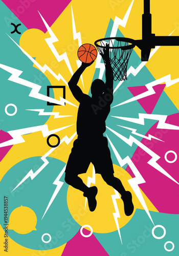 Basketball player silhouette dunking over colorful geometric background in bold pop art sports poster style, energetic urban design perfect for youth league branding and wall decor