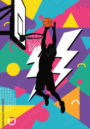 Basketball player silhouette dunking over colorful geometric background in bold pop art sports poster style, energetic urban design perfect for youth league branding and wall decor