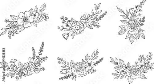 Hand drawn floral bouquet arrangement collection vintage botanical flower compositions with leaves elegant outline line art vector set