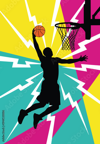 Basketball player silhouette dunking over colorful geometric background in bold pop art sports poster style, energetic urban design perfect for youth league branding and wall decor