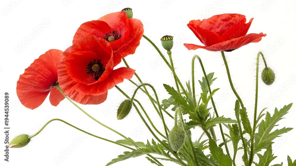 Fototapeta premium Vibrant red poppy flowers isolated on a clean backgroundpoppy, flower, field, poppies, spring, red, nature, flowers, bloom, landscape, color, meadow, flora, wild, garden, plant, season, grass, beauty,