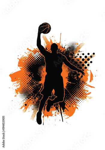 Basketball player silhouette with bold orange paint splash and grunge halftone texture, powerful urban sports poster design ideal for streetball events and championship marketing