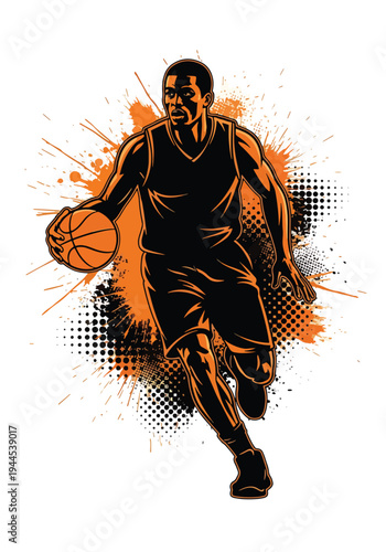 Basketball player silhouette with bold orange paint splash and grunge halftone texture, powerful urban sports poster design ideal for streetball events and championship marketing