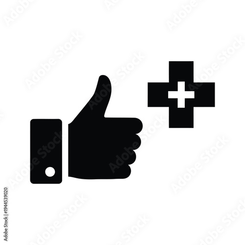 Thumbs up and plus sign icon for positive feedback and medical help with social media with health care