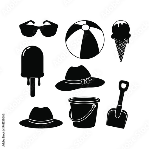 Summer beach vacation icons: sunglasses, hats, ice cream, bucket and spade, holiday icons