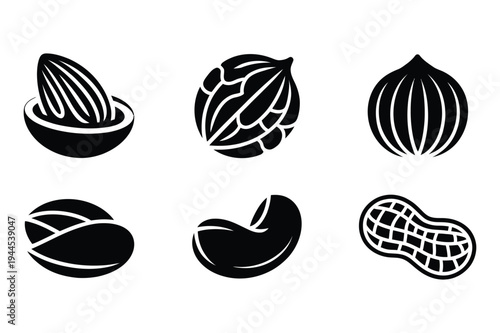 Nut icons: almond, cashew, peanut, pistachio, food icon