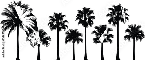 Palm tree silhouettes collection vector illustration, tropical coconut palm set isolated, exotic beach landscape plants for summer travel nature design