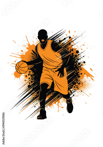 Basketball player silhouette with bold orange paint splash and grunge halftone texture, powerful urban sports poster design ideal for streetball events and championship marketing