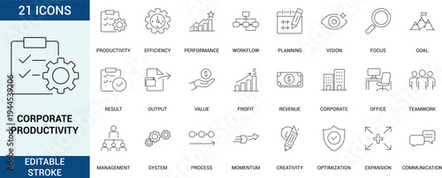 Corporate productivity line icon set with workflow, planning, performance, teamwork and business management symbols. Editable stroke vector icons for office process and strategy UI design.