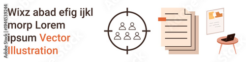 Marketing, business strategy, audience targeting, communication, analytics, digital planning. A target icon, documents and workspace are displayed. Marketing and audience targeting focus