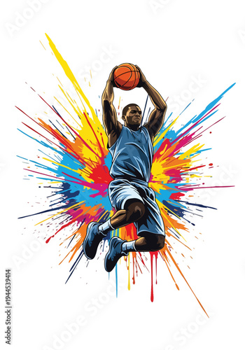 Dynamic basketball player slam dunk with vibrant paint explosion background, bold modern sports poster illustration perfect for tournament promotion, team branding and athletic campaigns
