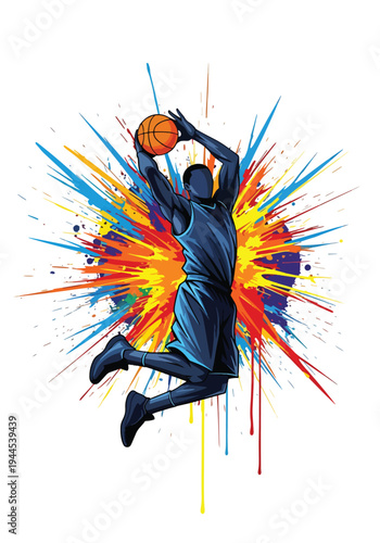 Dynamic basketball player slam dunk with vibrant paint explosion background, bold modern sports poster illustration perfect for tournament promotion, team branding and athletic campaigns