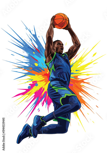 Dynamic basketball player slam dunk with vibrant paint explosion background, bold modern sports poster illustration perfect for tournament promotion, team branding and athletic campaigns