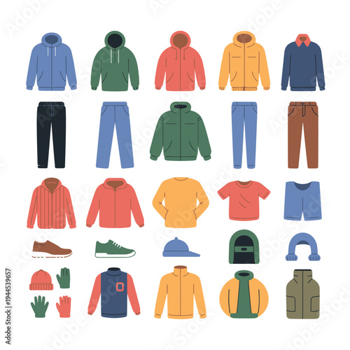 Collection of colorful casual clothing and accessories for men and women.