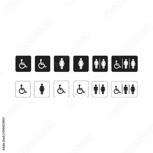 Collection of black and white restroom and accessibility signage icons