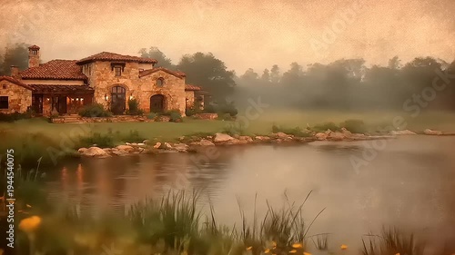 Rustic Elegance: Tranquil Lakeside Estate with Timeless Architectural Charm and Serene Reflections at Dusk